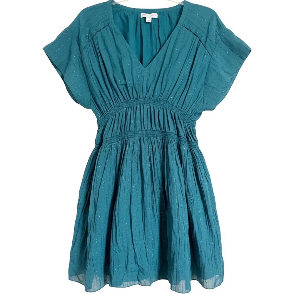 Red Carter Lais Ruffle Dress Peacock Teal Metallic Stripe Mini Small 18RF17